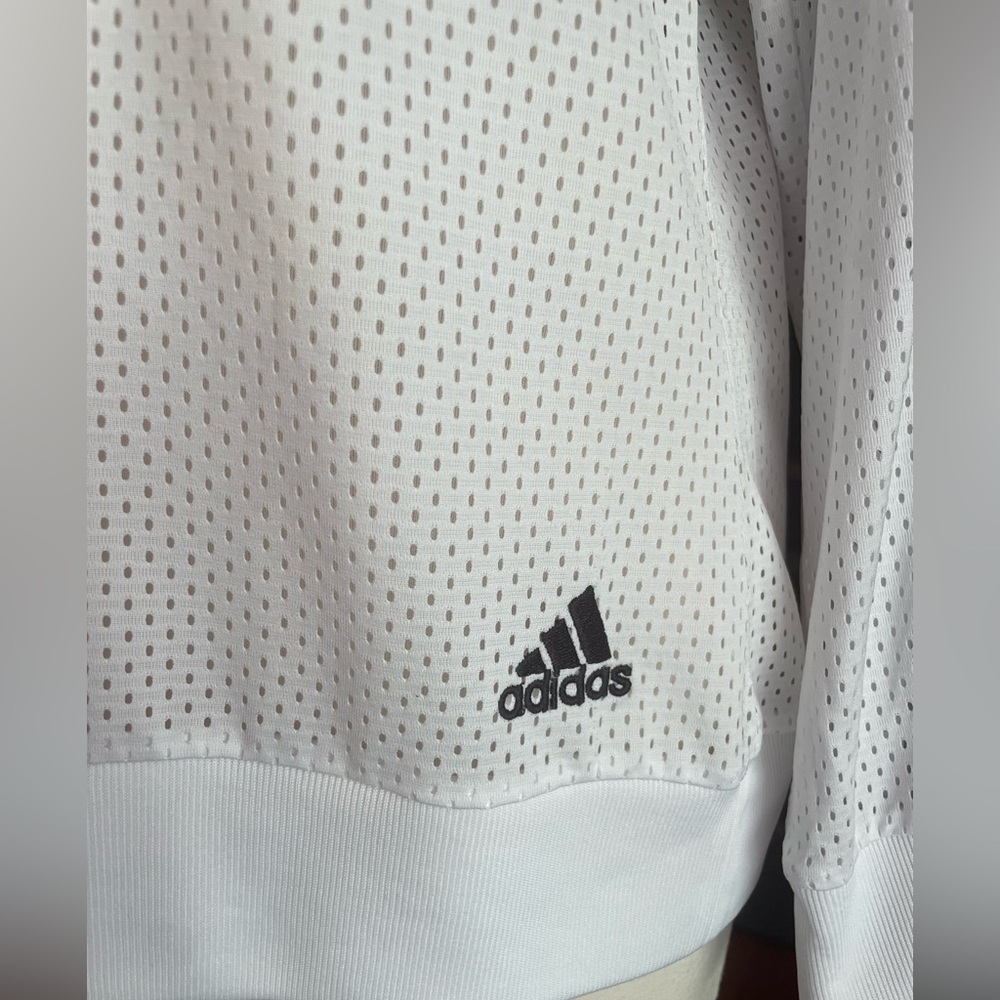 Adidas Women's White Mesh Jersey Athletic Top with Black Stripes Long Sleeve - Picture 5 of 10